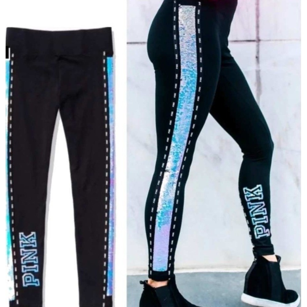 RARE VS PINK 2018 Mermaid Bling Flip Sequin‎ Stripe Yoga Pants Leggings Medium